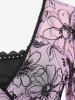 Plus Size Flutter Sleeves Floral Mesh Flocking Lace Up Lace-trim Patchwork 2 in 1 Top -  