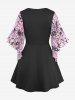 Plus Size Flutter Sleeves Floral Mesh Flocking Lace Up Lace-trim Patchwork 2 in 1 Top -  