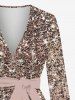 Plus Size Poet Sleeves 3D Glitter Sparkling Sequins Print Long Sleeves Blouse with Tied Belt -  
