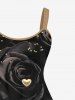 Robe Ligne A 3D Rose Cœur Imprimés de Grande Taille à Paillettes sans Dos - Noir M