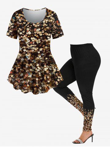 Sparkling Sequin Glitter 3D Printed T-shirt and Leggings Plus Size Matching Set - DEEP COFFEE