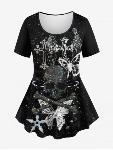 Plus Size Skull Cross Butterfly Wings Star Sparkling Sequin Glitter 3D Print T-shirt - BLACK - 2X