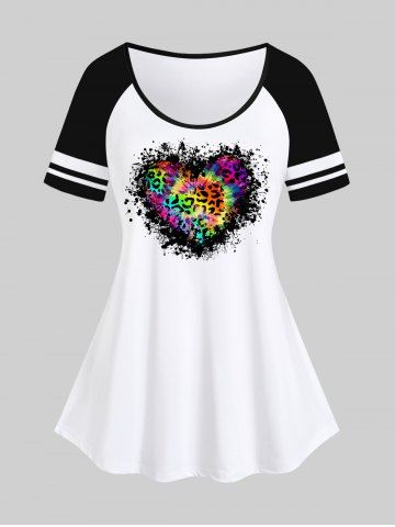 Plus Size Tie Dye Paint Splatter Leopard Heart Print Raglan Sleeve T-shirt - WHITE - XS