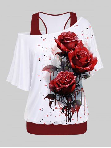 Plus Size Racerback Tank Top and Rose Flower Leaf Dripping Blood Print Batwing Sleeve T-shirt - DEEP RED - XS