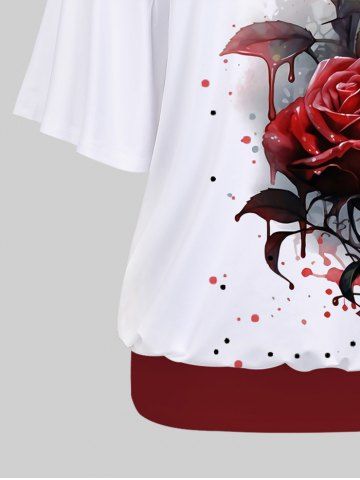 Plus Size Racerback Tank Top and Rose Flower Leaf Dripping Blood Print Batwing Sleeve T-shirt