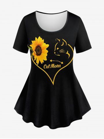 Plus Size Cat Sunflower Heart Print Valentines Short Sleeves T-shirt - BLACK - XS