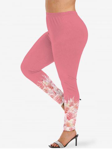 Plus Size 3D Glitter Sparkling Faux Pearl Rhinestone Ombre Rose Flower Print Skinny Leggings - LIGHT PINK - L