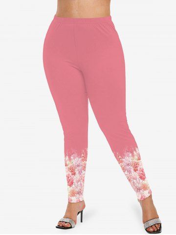 Plus Size 3D Glitter Sparkling Faux Pearl Rhinestone Ombre Rose Flower Print Skinny Leggings 42 OFF Rosegal