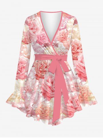 Plus Size Poet Sleeves 3D Glitter Sparkling Rhinestone Faux Pearl Ombre Rose Flower Print Blouse with Tied Belt - LIGHT PINK - L