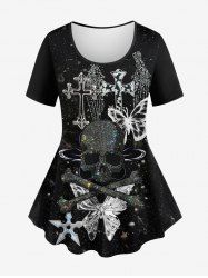 Plus Size Skull Cross Butterfly Wings Star Sparkling Sequin Glitter 3D Print T-shirt -  