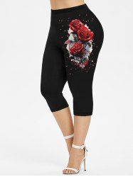 Plus Size Rose Flowers Leaf Dripping Blood Colorblock Print Capri Leggings -  