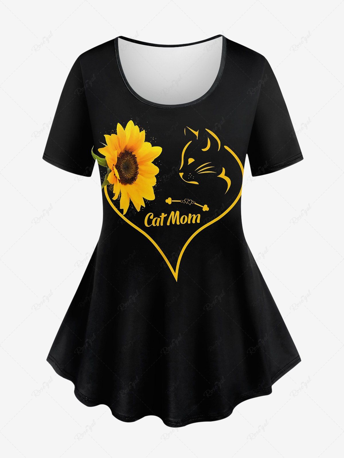 Discount Plus Size Cat Sunflower Heart Print Valentines Short Sleeves T-shirt  