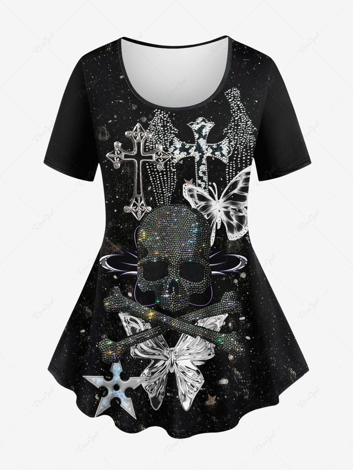 T-shirt Brillant 3D Etoile Crâne et Papillon Imprimés de Grande Taille à Paillettes Noir 6X