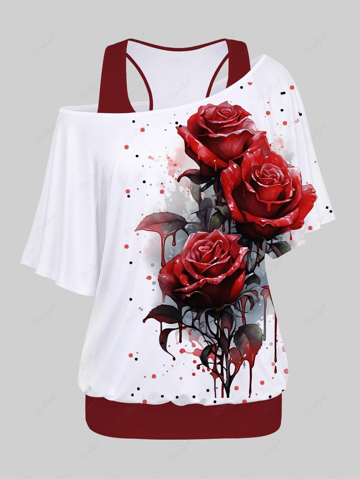 Cheap Plus Size Racerback Tank Top and Rose Flower Leaf Dripping Blood Print Batwing Sleeve T-shirt  