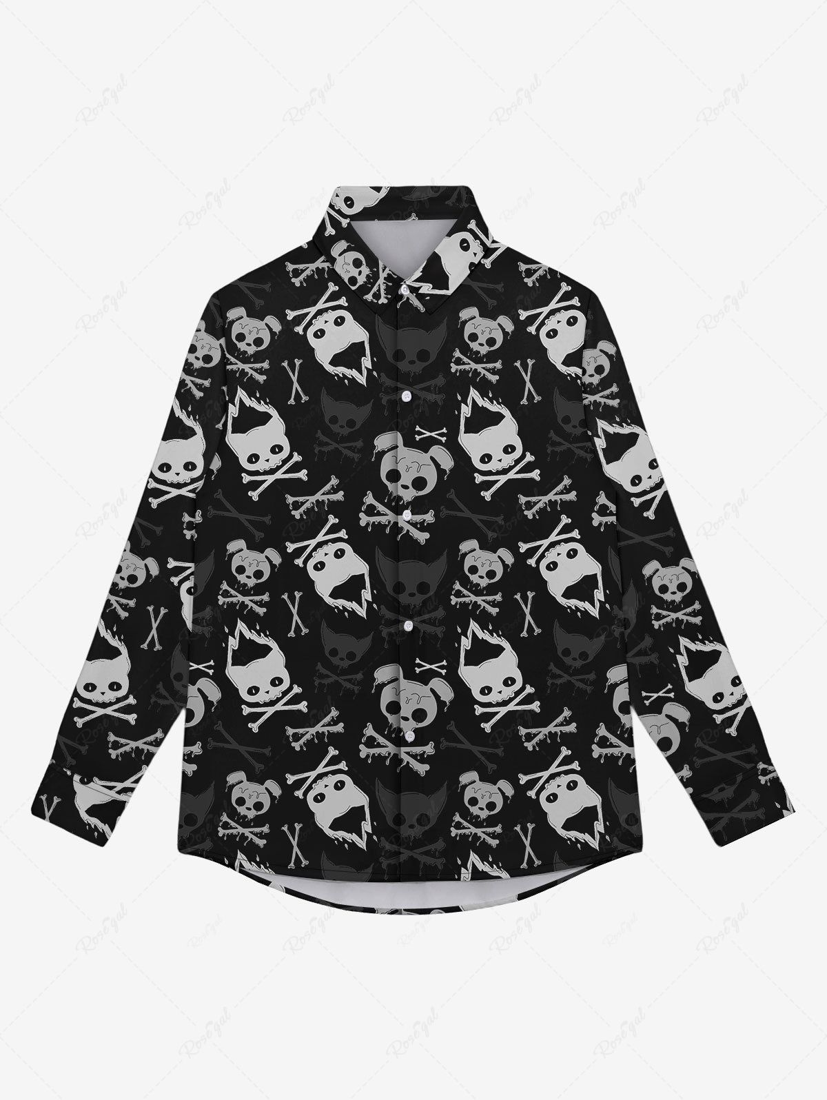 Unique Gothic Turn-down Collar Ombre Dog Cat Skulls Fire Bone Print Buttons Shirt For Men  