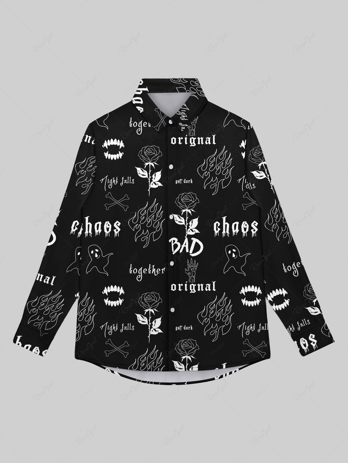 Latest Gothic Turn-down Collar Rose Flower Fire Teeth Letters Bone Ghost Print Buttons Valentines Shirt For Men  