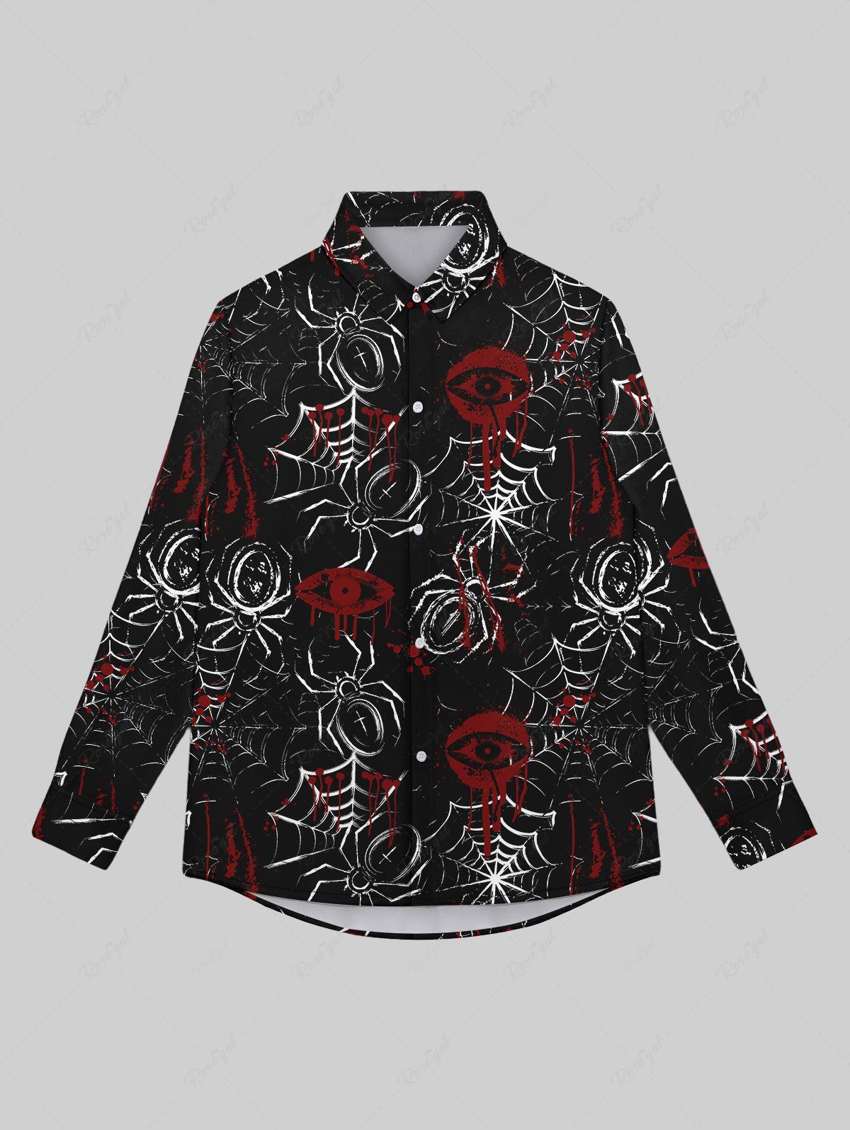 Hot Gothic Turn-down Collar Bloody Eye Spider Web Print Buttons Shirt For Men  