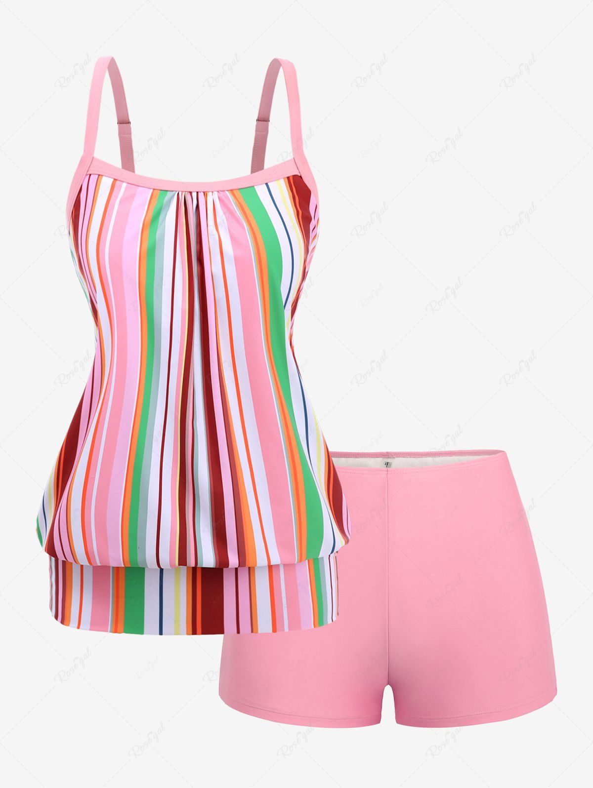 Outfit Plus Size Stripes Colorblock Print Ruched Boyshort Tankini Set  