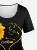 T-shirt Chat Tournesol Cœur Imprimés à Manches Courtes de Grande Taille - Noir XS