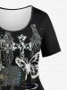 T-shirt Brillant 3D Etoile Crâne et Papillon Imprimés de Grande Taille à Paillettes - Noir 6X