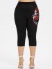 Plus Size Rose Flowers Leaf Dripping Blood Colorblock Print Capri Leggings -  