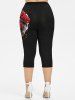 Plus Size Rose Flowers Leaf Dripping Blood Colorblock Print Capri Leggings -  