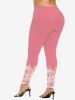Plus Size 3D Glitter Sparkling Faux Pearl Rhinestone Ombre Rose Flower Print Skinny Leggings -  