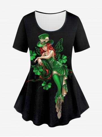 Plus Size Skull Hat Four Leaf Clover Elf Butterfly Wing Print Short Sleeves T-shirt - BLACK - XS
