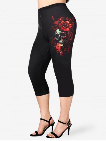 Plus Size 3D Bloody Skull Rose Flower Leaf Print Skinny Capri Leggings - BLACK - 1X