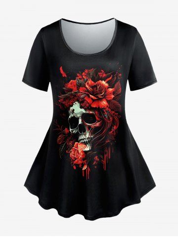 Plus Size 3D Bloody Skull Rose Flower Leaf Print Short Sleeves T-shirt