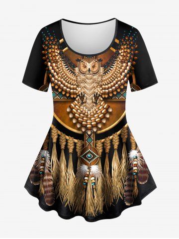 Plus Size Owl Cross Feather Ethnic 3D Print T-shirt - COFFEE - 2X