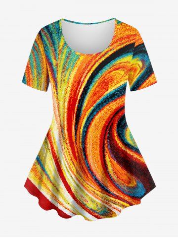 Plus Size Oil Painting Stripes Colorblock Swirls Print T-shirt - MULTI-A - 1X