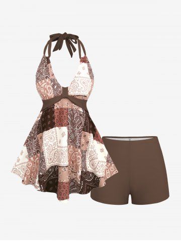 Plus Size Retro Vintage Floral Paisley Plaid Printed Halter Backless Boyleg Tankini Swimsuit - COFFEE - M | US 10