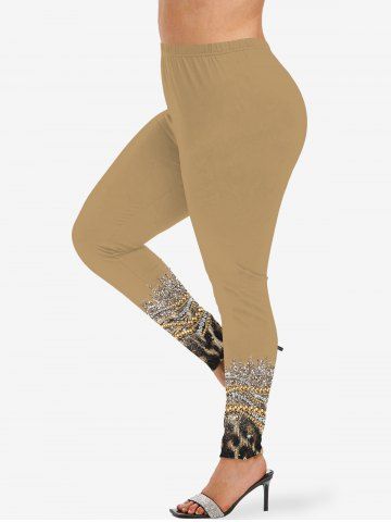 Plus Size Leopard Glitter Sparkling Sequin Bead Chains 3D Print Leggings - COFFEE - M