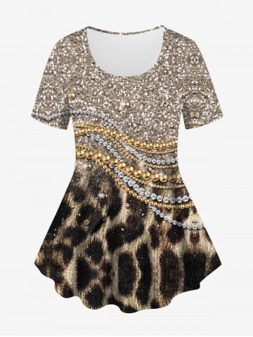 Plus Size Leopard Sparkling Sequin Glitter Bead Chains 3D Print T-shirt - DEEP COFFEE - M