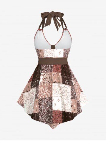 Plus Size Retro Vintage Floral Paisley Plaid Printed Halter Backless Boyleg Tankini Swimsuit