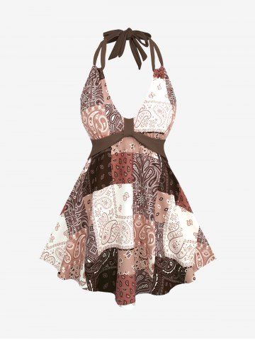 Plus Size Retro Vintage Floral Paisley Plaid Printed Halter Backless Boyleg Tankini Swimsuit