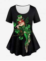 Plus Size Skull Hat Four Leaf Clover Elf Butterfly Wing Print Short Sleeves T-shirt -  