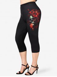 Plus Size 3D Bloody Skull Rose Flower Leaf Print Skinny Capri Leggings -  