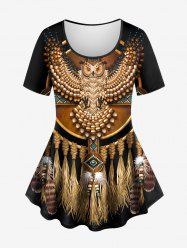 Plus Size Owl Cross Feather Ethnic 3D Print T-shirt -  