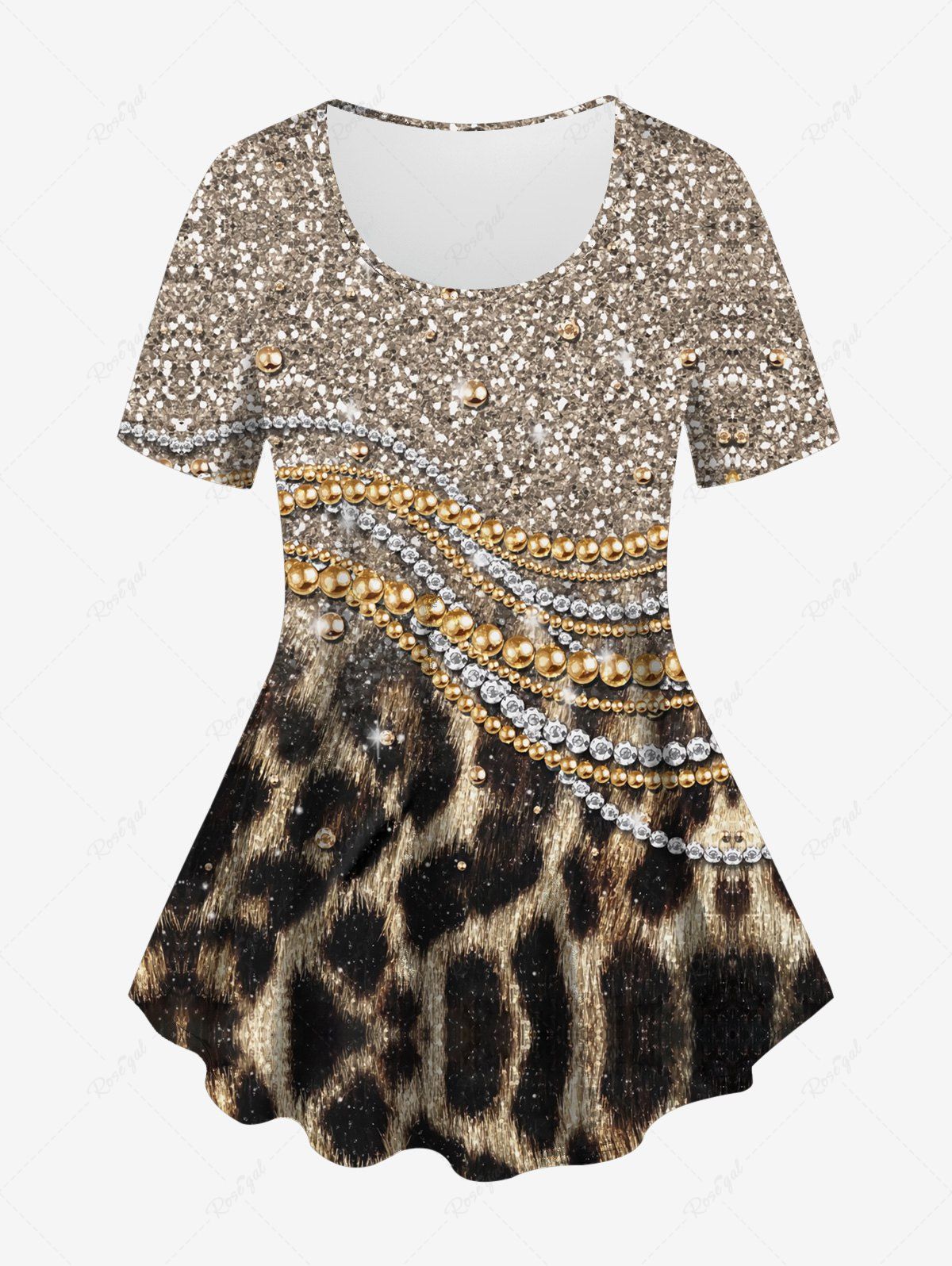 Chic Plus Size Leopard Sparkling Sequin Glitter Bead Chains 3D Print T-shirt  