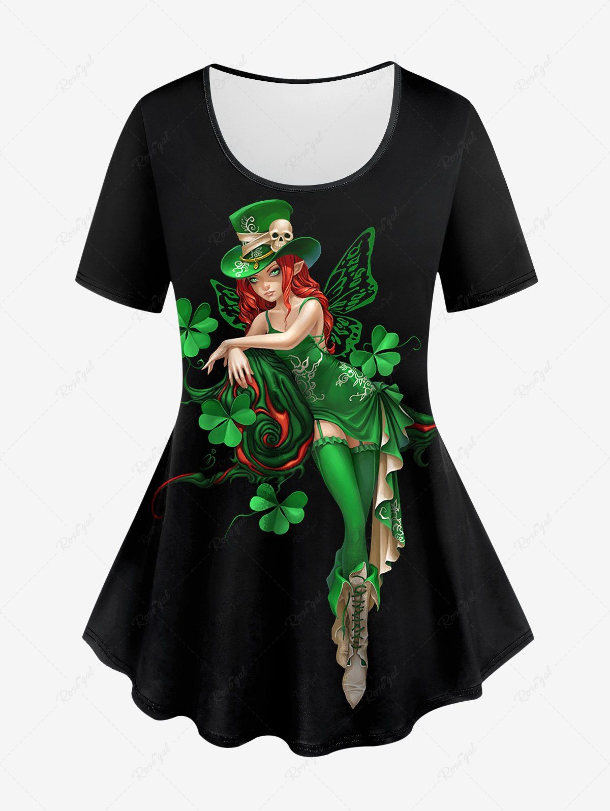 Affordable Plus Size Skull Hat Four Leaf Clover Elf Butterfly Wing Print Short Sleeves T-shirt  