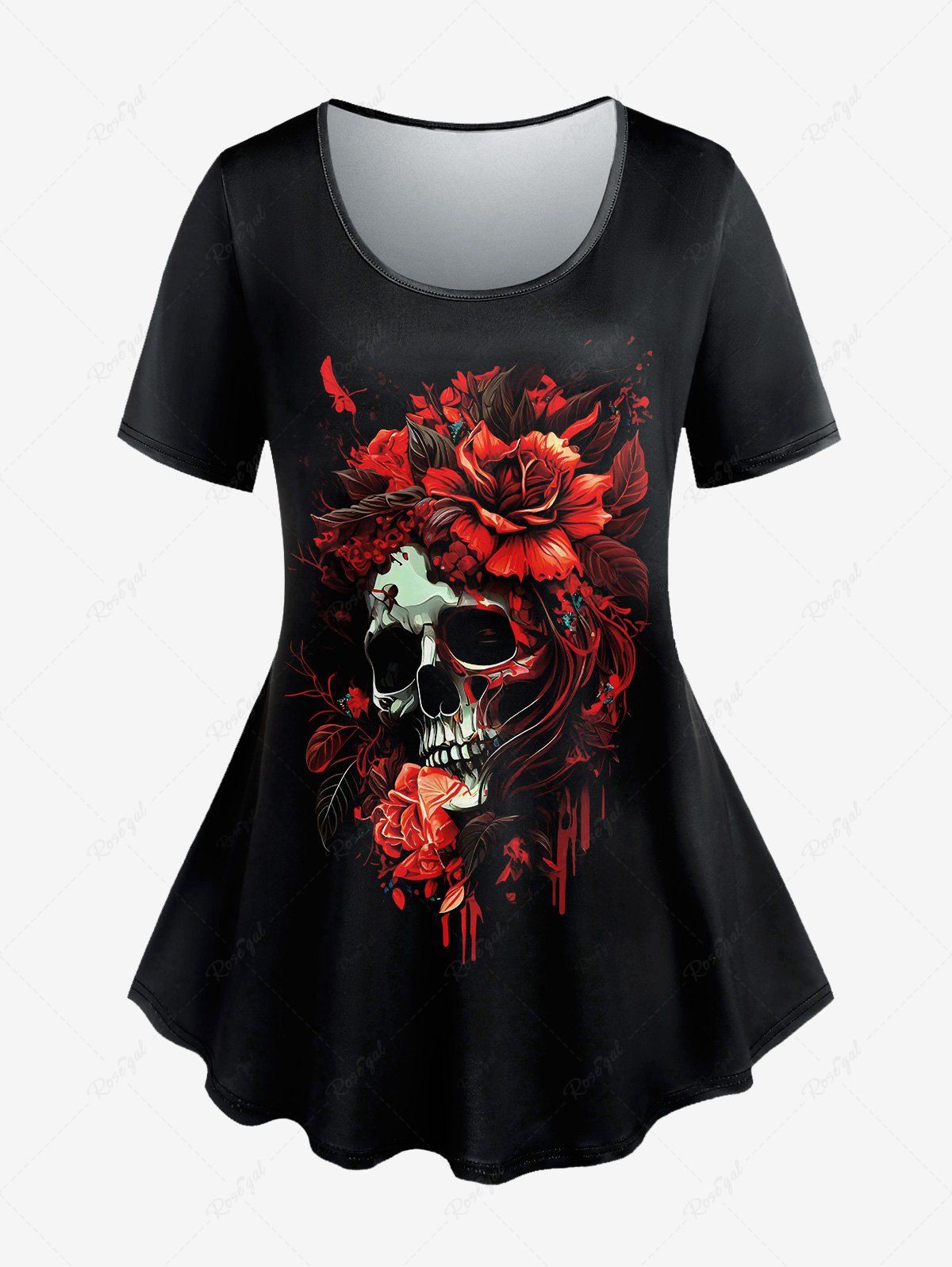 Sale Plus Size 3D Bloody Skull Rose Flower Leaf Print Short Sleeves T-shirt  