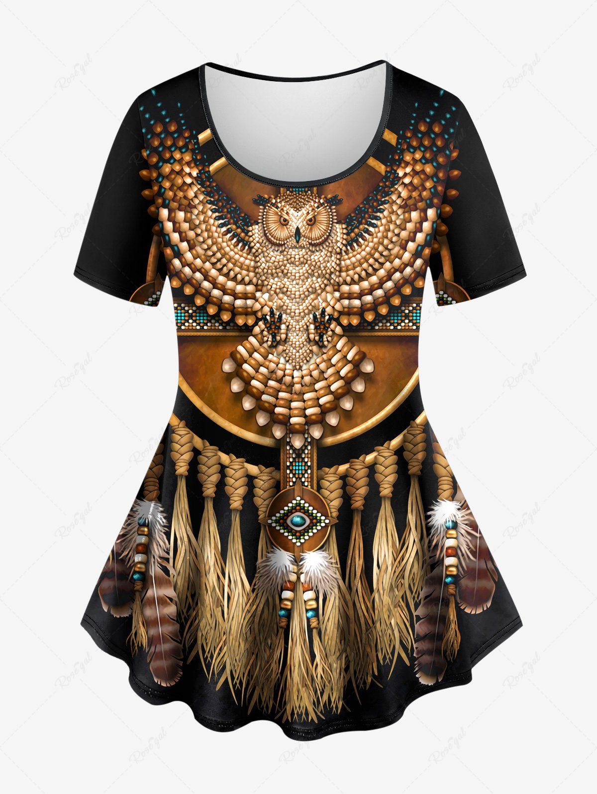 Shop Plus Size Owl Cross Feather Ethnic 3D Print T-shirt  