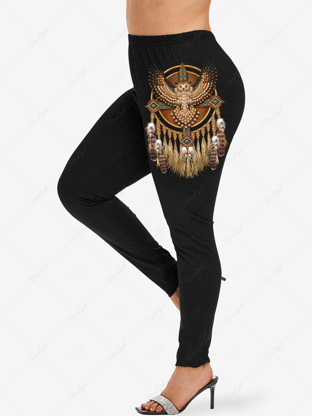 Outfit Plus Size Owl Feather Cross Ethnic 3D Print Leggings  