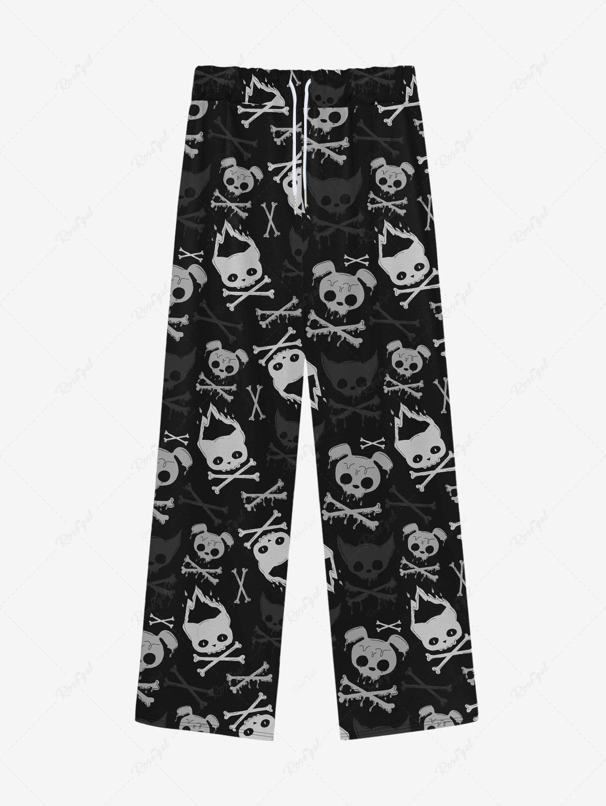 Cheap Gothic Ombre Skull Dog Cat Fire Bone Print Drawstring Wide Leg Sweatpants For Men  