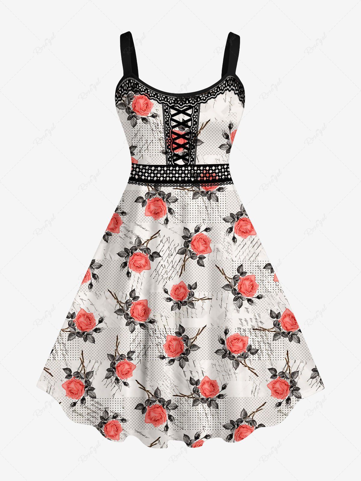 Unique Plus Size Lace-up Rose Flower Leaf Lace Trim Appliques 3D Print Tank Dress  