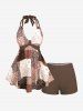 Plus Size Retro Vintage Floral Paisley Plaid Printed Halter Backless Boyleg Tankini Swimsuit -  
