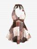 Plus Size Retro Vintage Floral Paisley Plaid Printed Halter Backless Boyleg Tankini Swimsuit -  