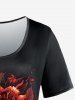 Plus Size 3D Bloody Skull Rose Flower Leaf Print Short Sleeves T-shirt -  